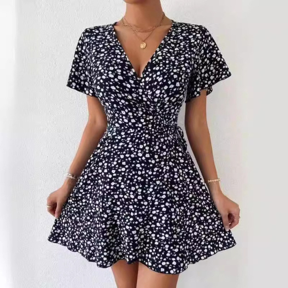 Women's Navy Floral V-Neck Short-Sleeve Tie-Waist Mini Dress